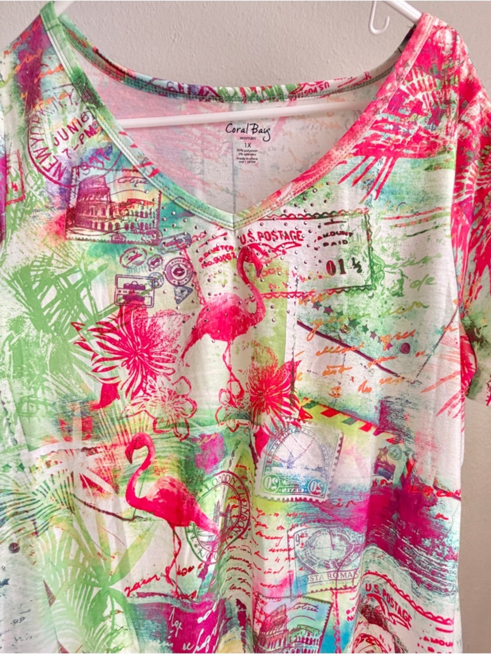 Coral Bay Woman Short Sleeve Shirt 1X Flamingo Colorful V Neck Resort Summer - Picture 6 of 8